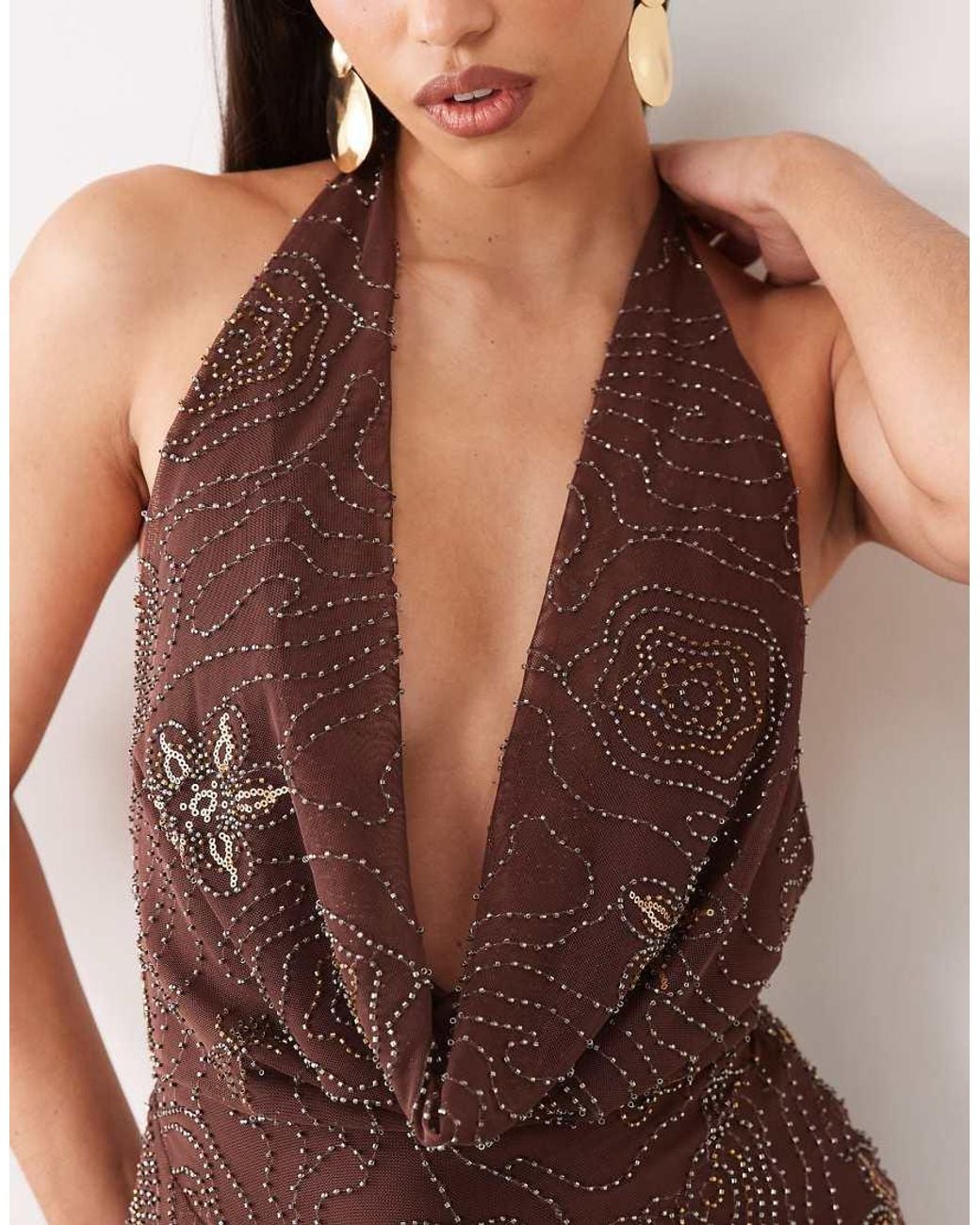 TFNC London Brown Beaded Sequin Cowl Neck Maxi Dress