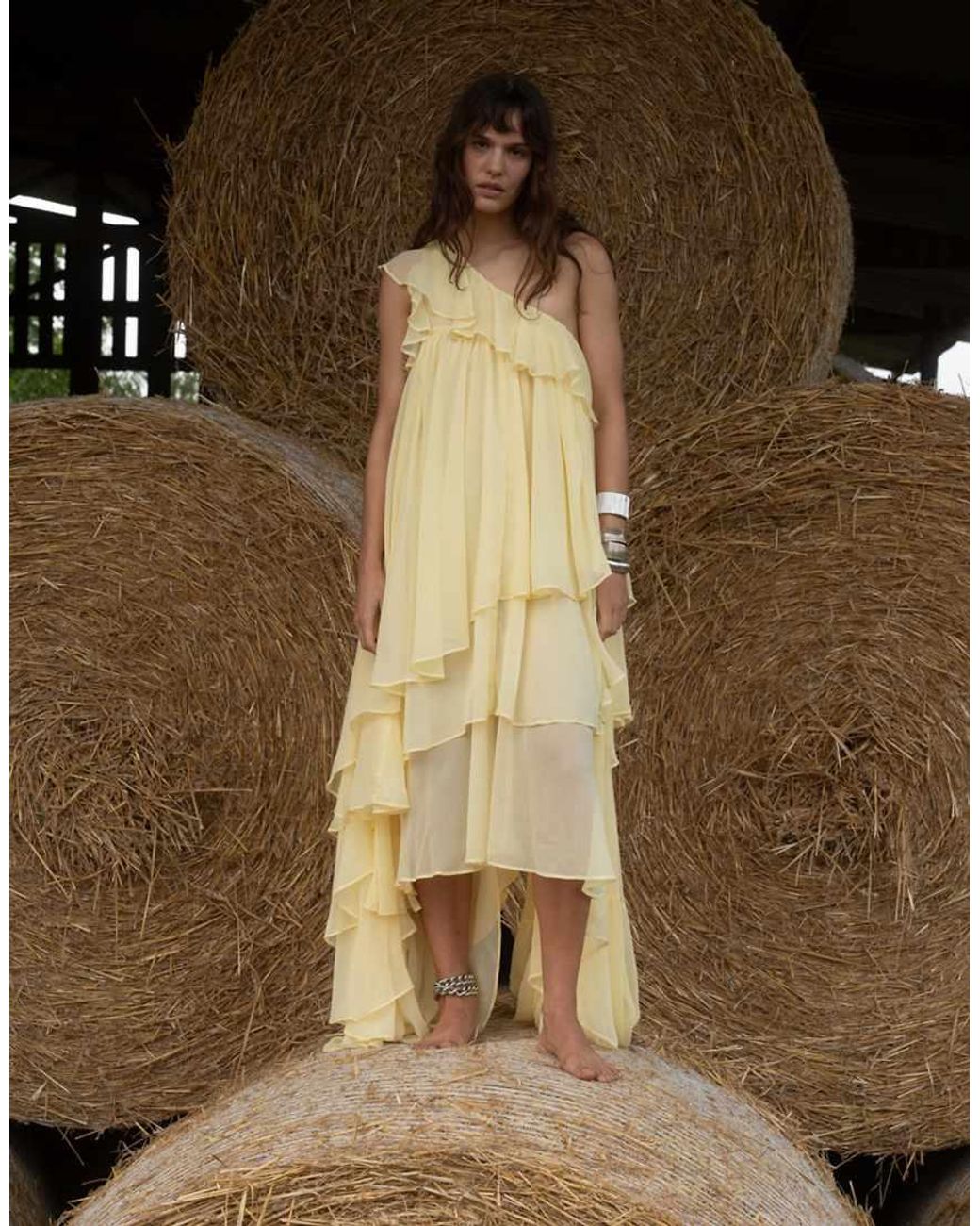 Muse Assembly Natural Boho One Shoulder Tiered Ruffle Maxi Dress