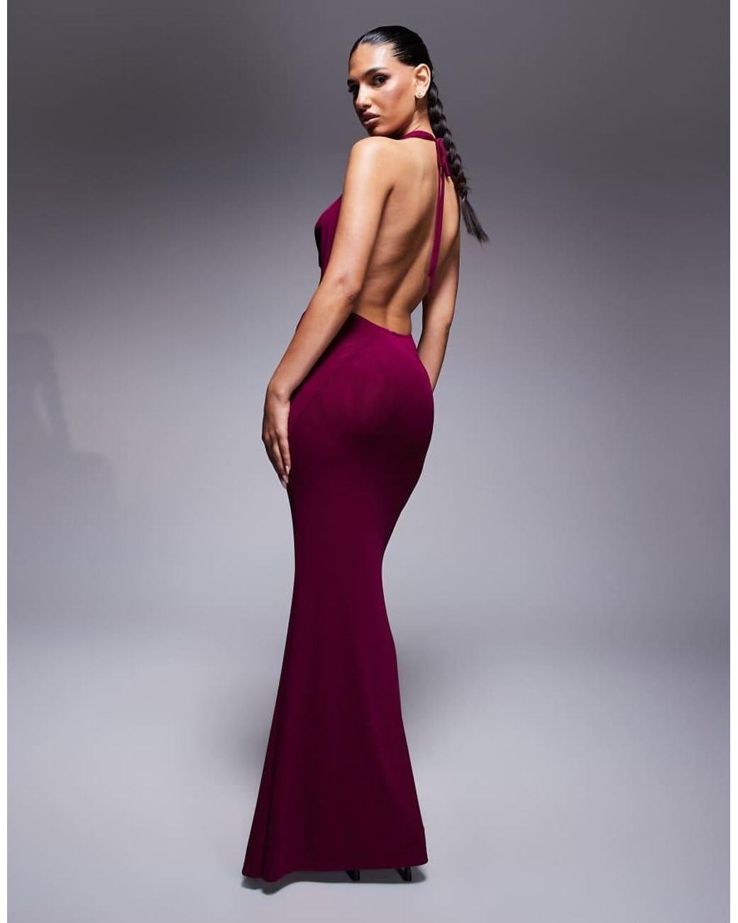 Murci Purple Exclusive Mesh Halterneck Open Back Cowl Neck Maxi Dress