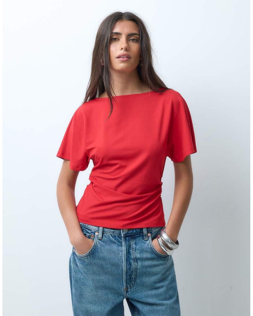 ASOS Red Cinch Waist Angle Sleeve Tee With V Back Detail