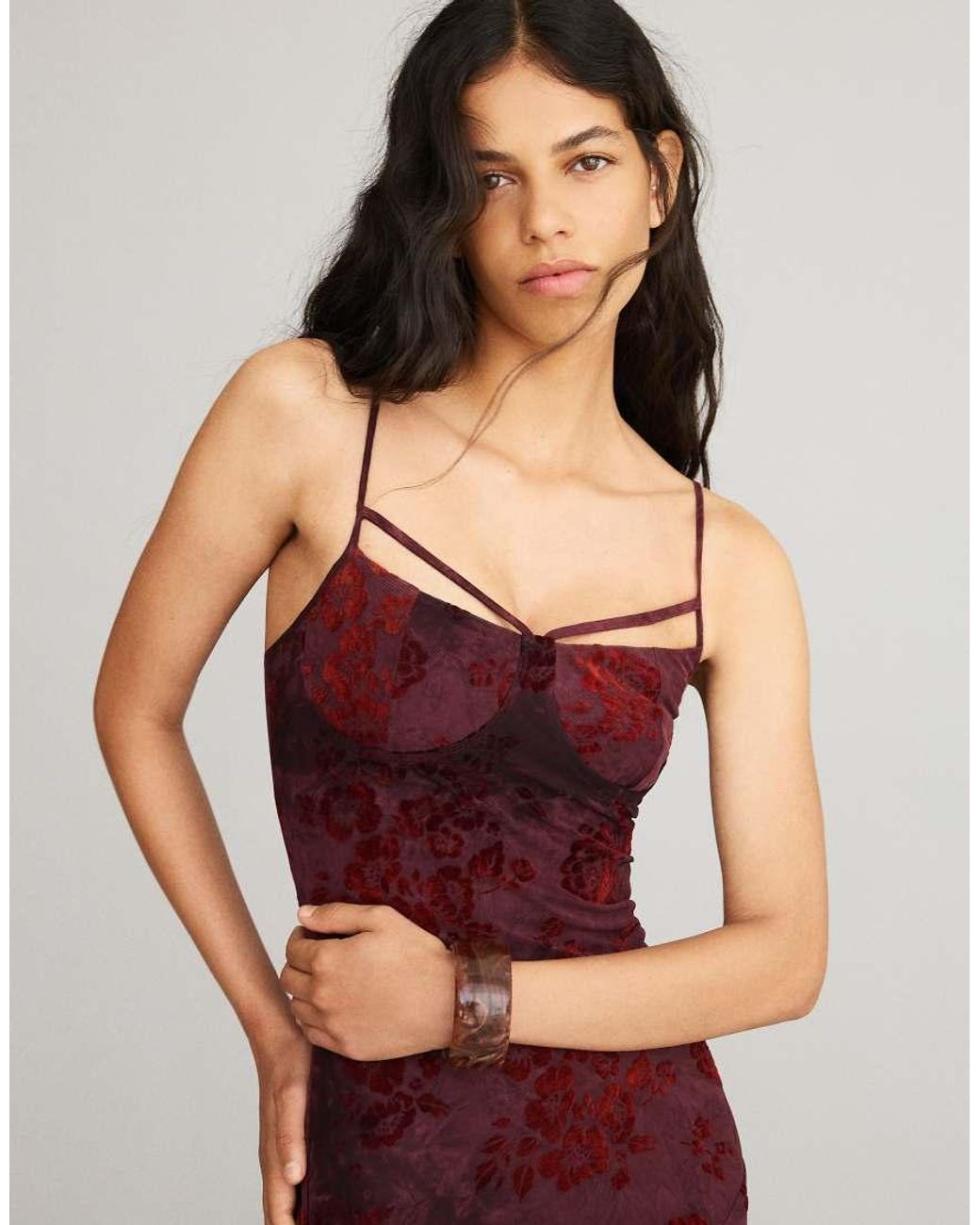 Bershka Red Flocked Tulle Midi Dress With Straps