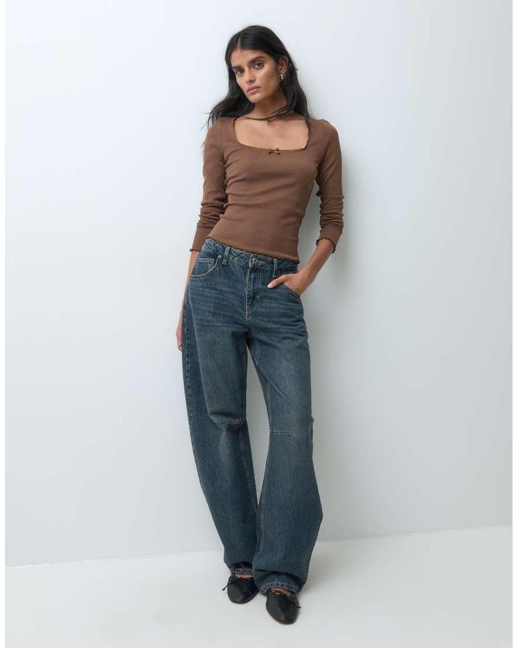 Miss Selfridge Brown Ruffle Edge Square Neck Top