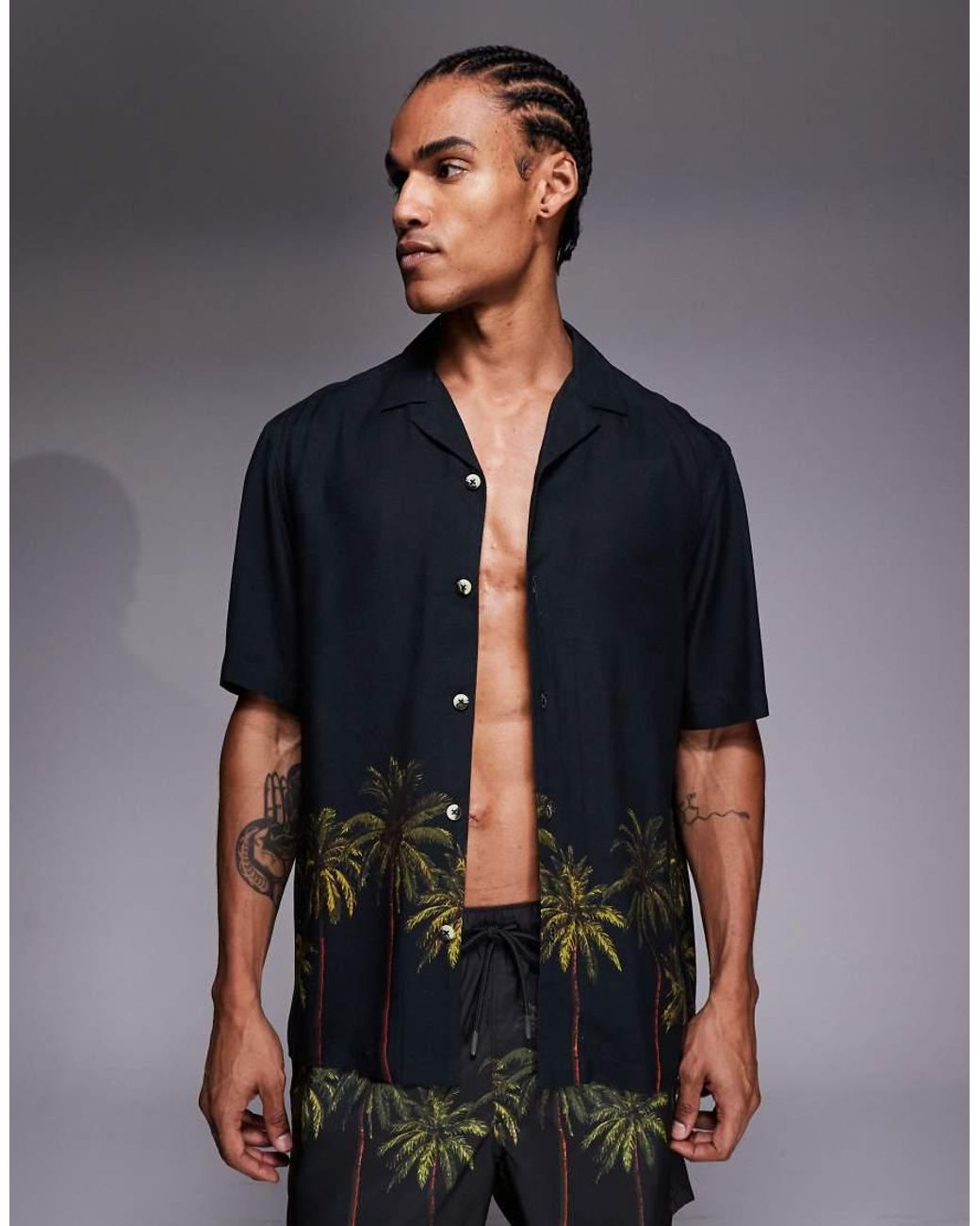 ASOS Blue Co-ord Relaxed Revere Shirt With Palm Tree Placement Print for men