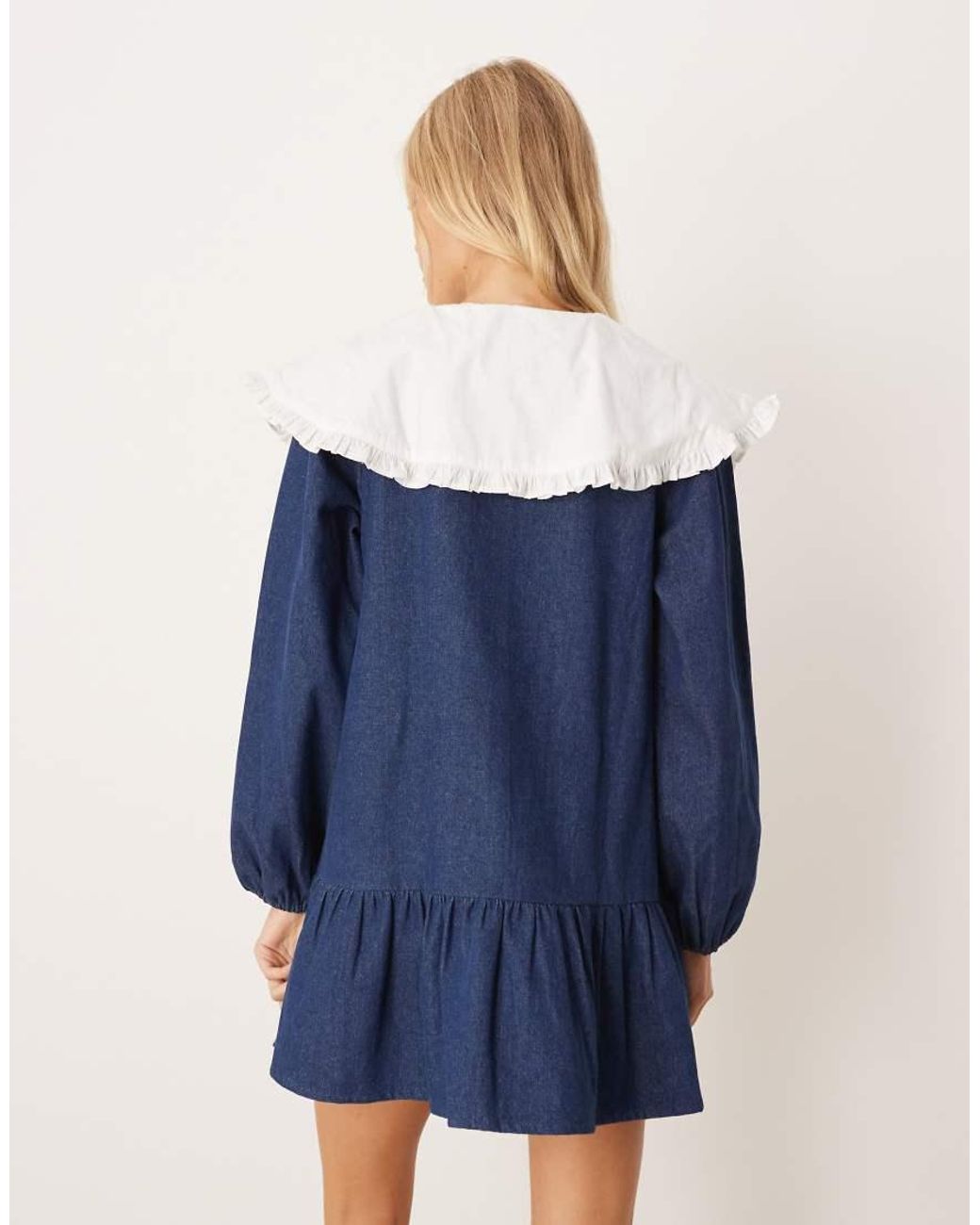 Neon Rose Blue Oversized Removable Collar Denim Mini Smock Dress