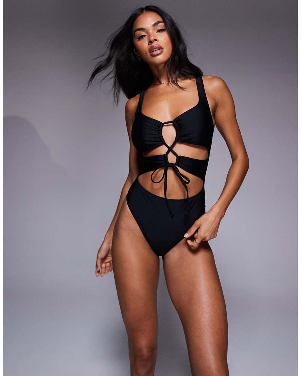 South Beach Black Essentials Cut Out Front Tie Swimsuit