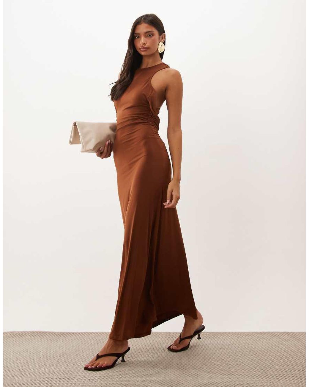 ASOS Brown Column Maxi Dress With Trim Back Detail