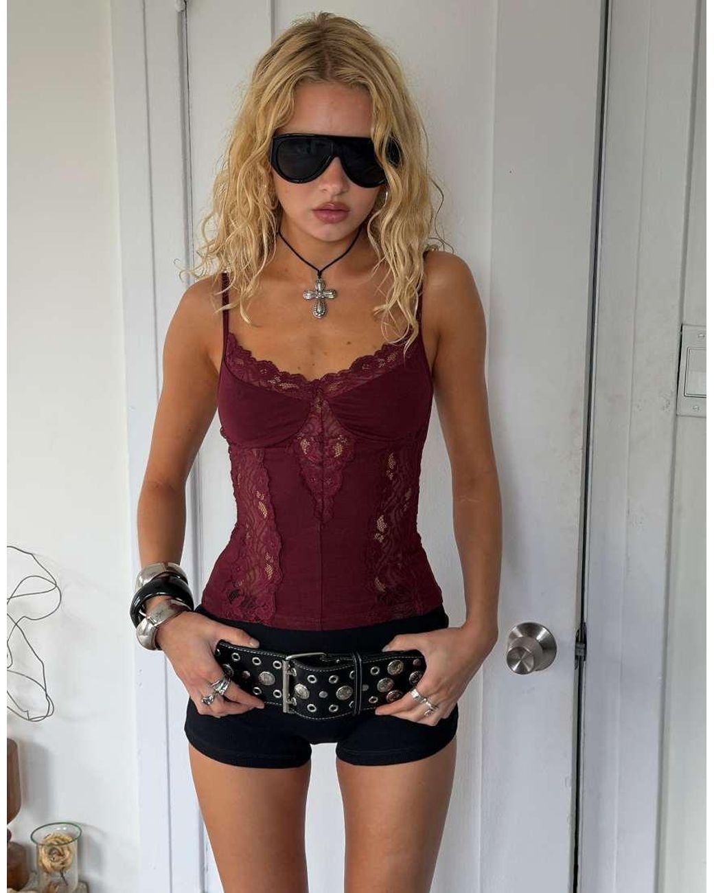 Princess Polly Red Rhiara All Over Lace Detail Cami Top