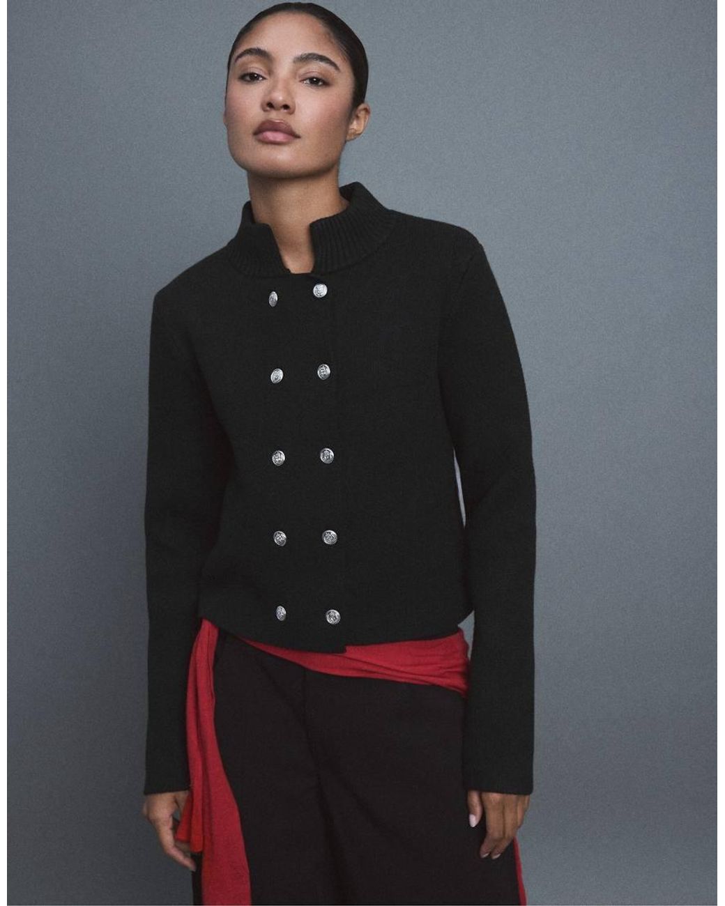 Stradivarius Black Double-Breasted Stand Collar Knit Cardigan