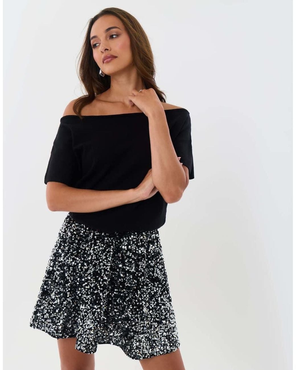 Threadbare Black Sequin Mini Swing Skirt