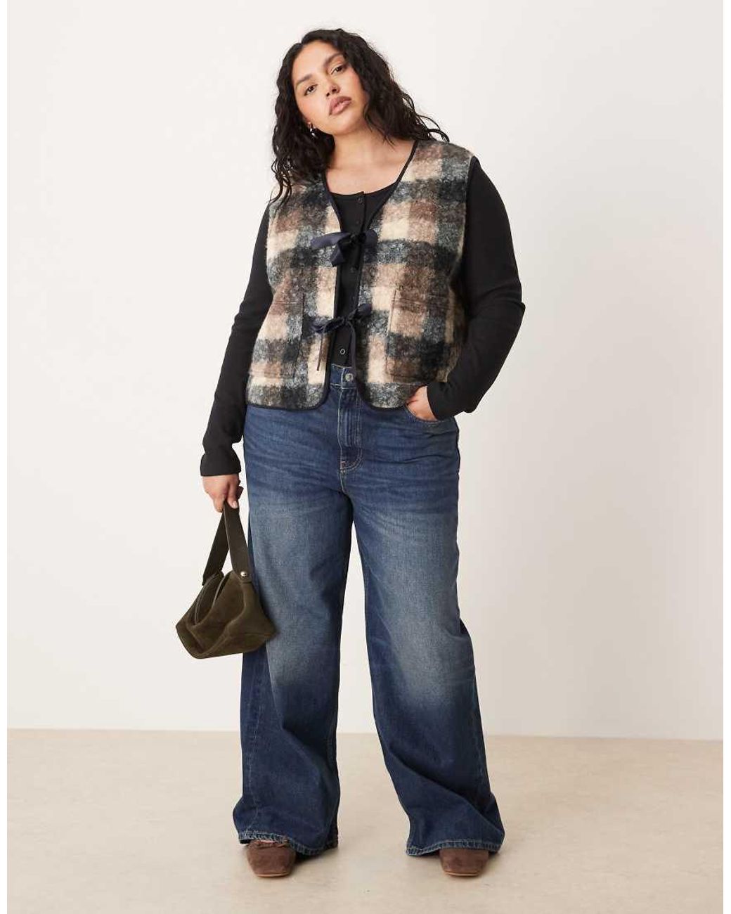 ASOS Black Asos Design Curve Borg Fleece Vest With Check Design And Bow Design