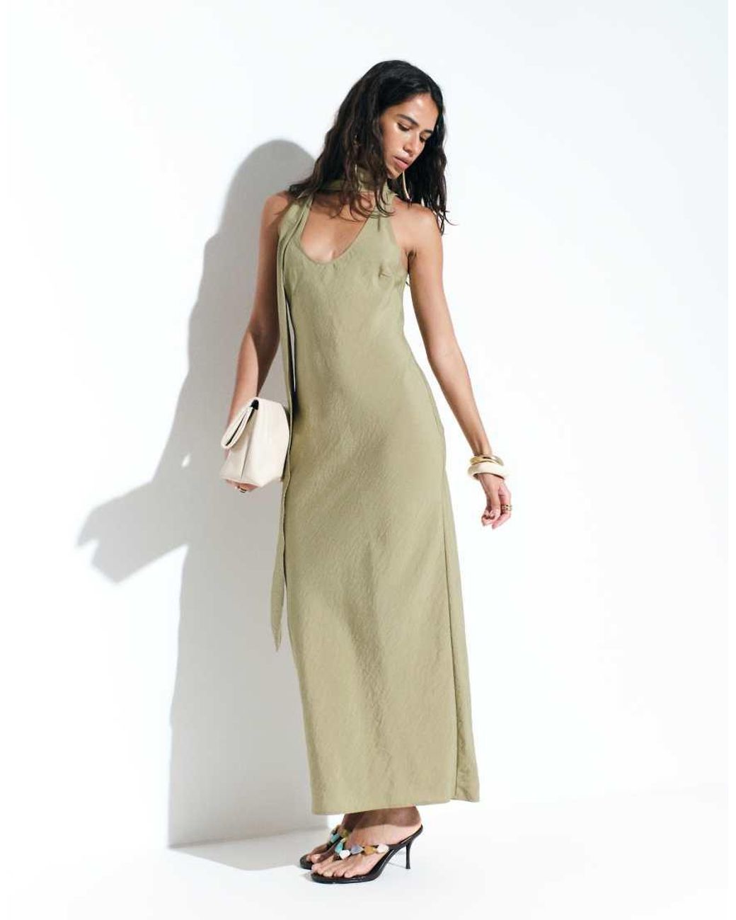 ASOS Metallic Techy Scoop Neck Midi Dress With Scarf
