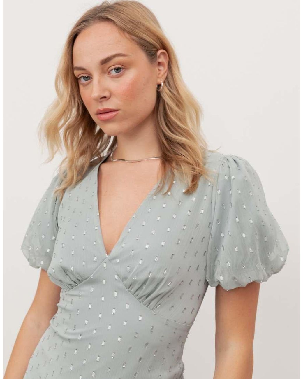 ANAYA Gray Short Sleeve V Neck Ruffle Maxi Dress