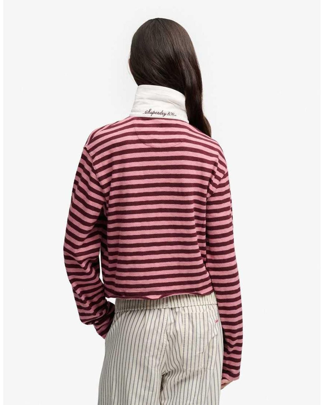 Superdry Red Athletic Essential Cropped Stripe Rugby Shirt