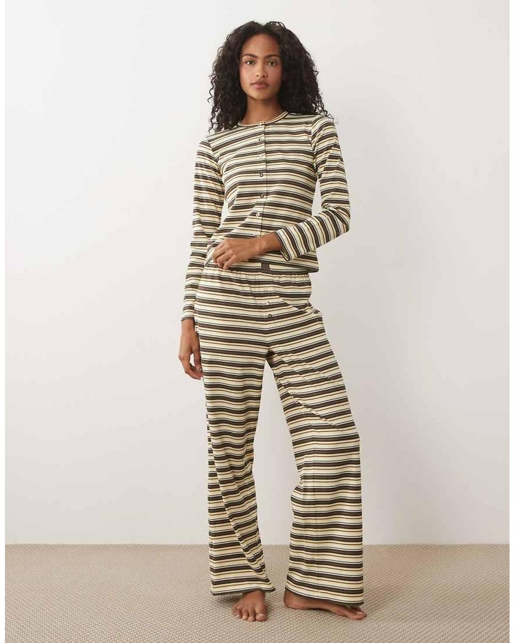 Brave Soul Brown Button Down Long Sleeve Stripe Pyjama Set