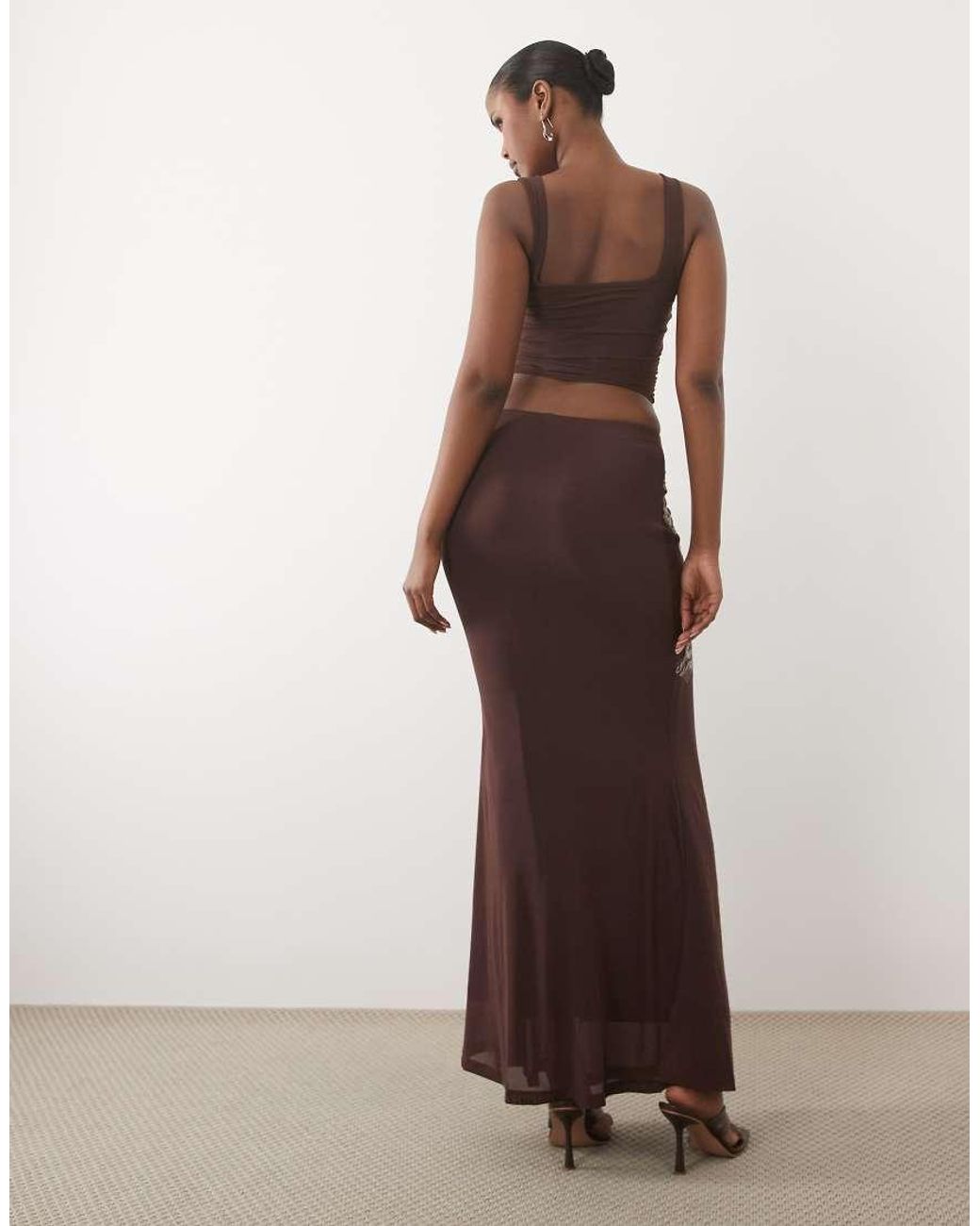 ASOS Brown Co-ord Mesh Embroidered Maxi Skirt