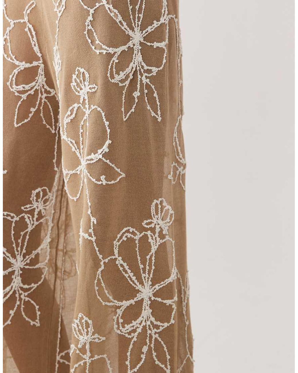 Miss Selfridge Natural Beach Premium Sheer Knit Embroidered Wide Leg Pants