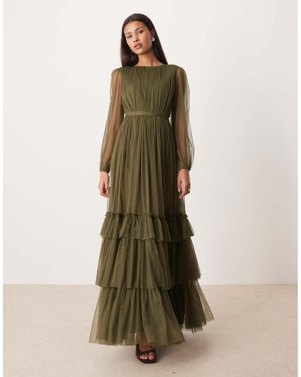 LACE & BEADS Green Crew Neck Sheer Sleeve Tiered Maxi Dress