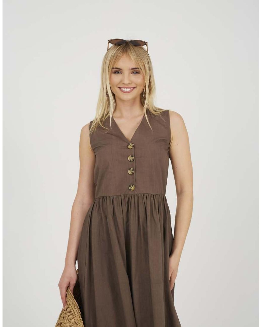 Brave Soul Brown Sleeveless V-Neck Button Down Midi Dress