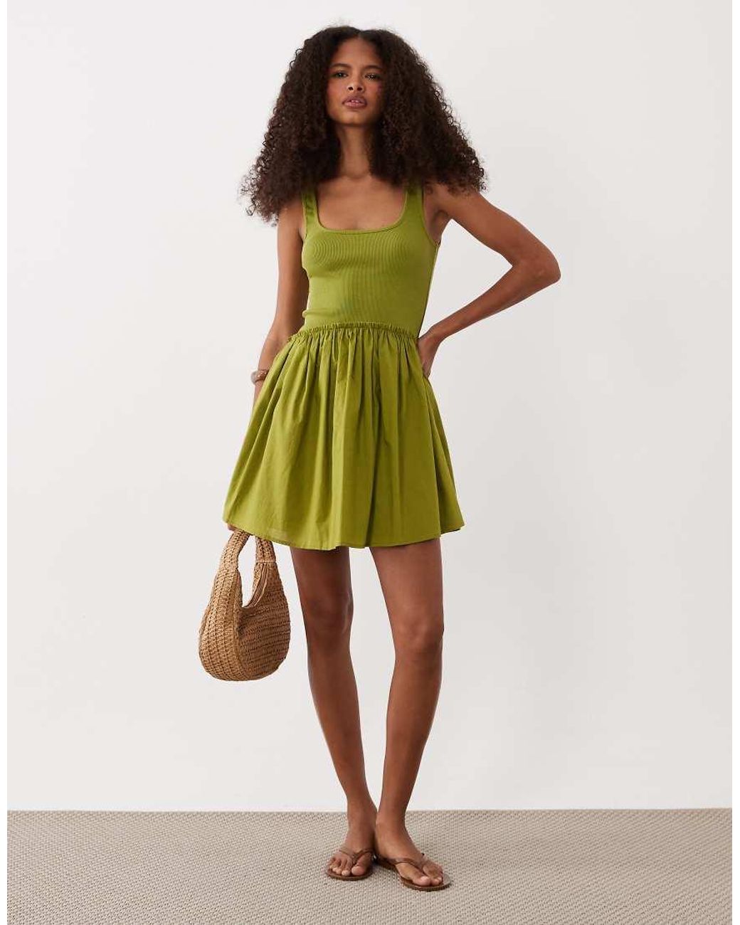 ASOS Green Scoop Ribbed Bodice With Poplin Skirt Mini Dress
