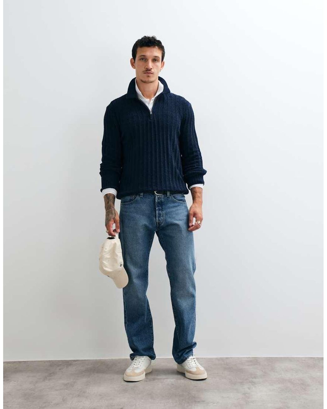 Only & Sons Blue Half Zip Ribbed Knitted Polo Dak Dark for men