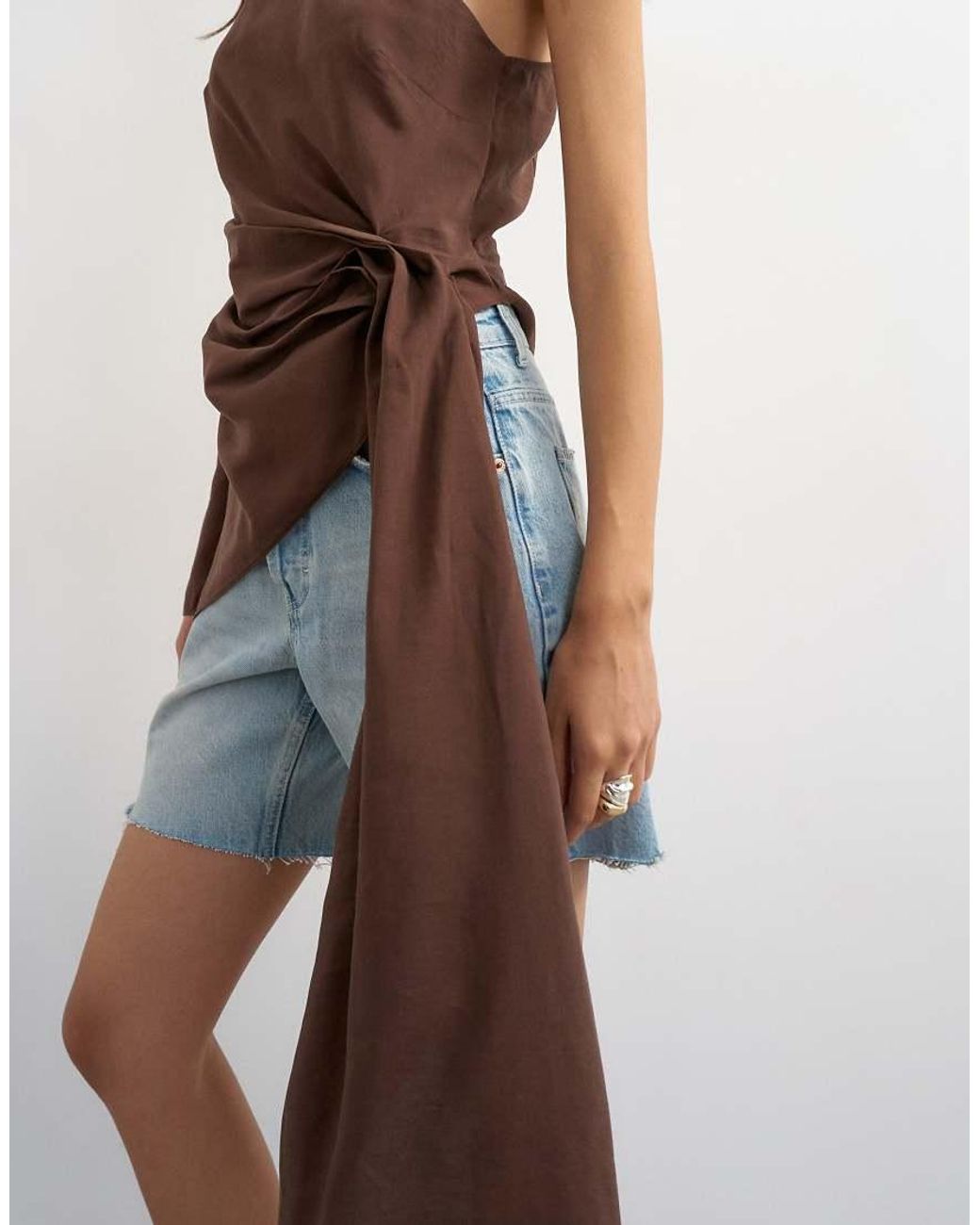 TOPSHOP Brown One Shoulder Cinch Side Draped Top