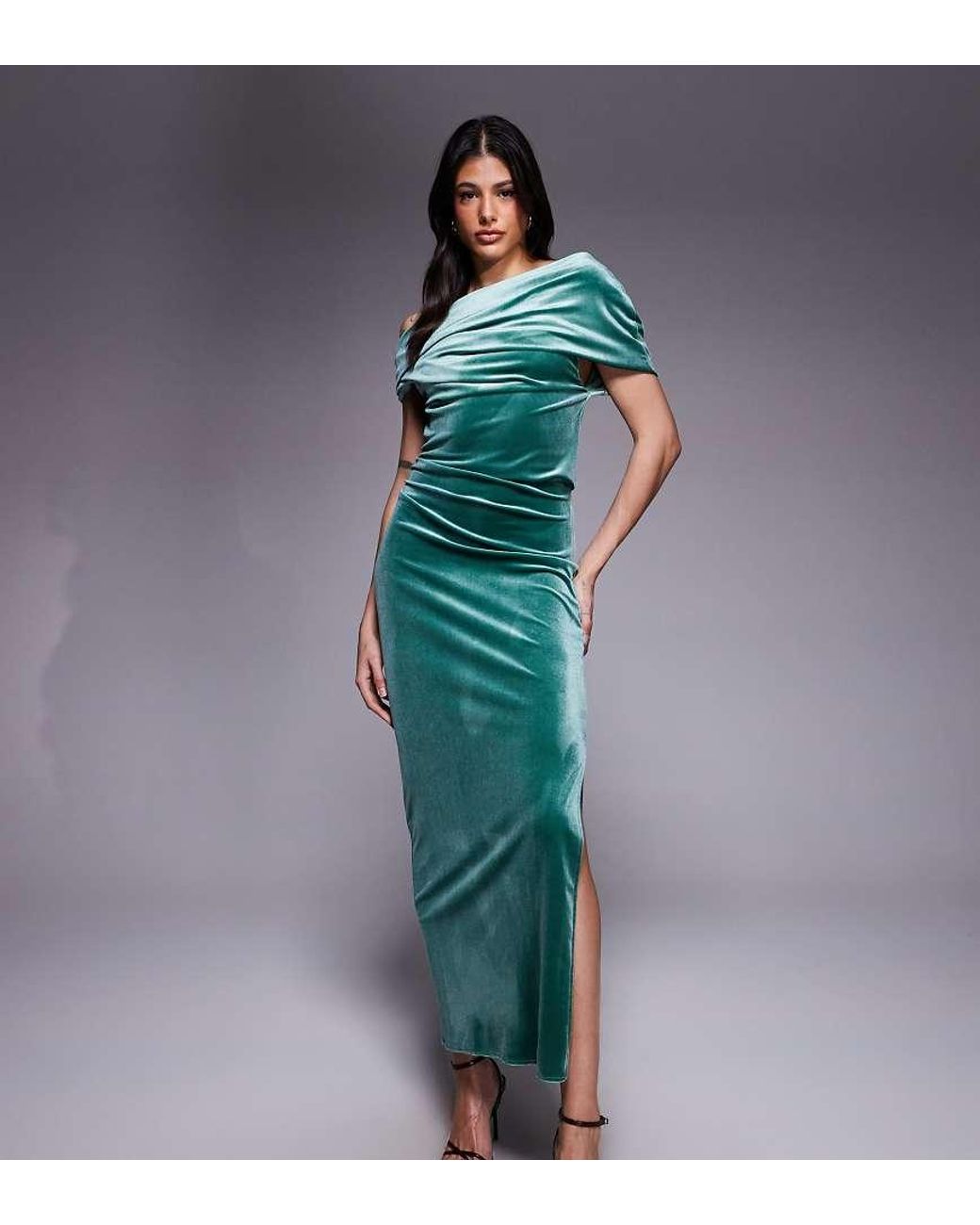 ASOS Asos Design Tall Velvet Midi Dress With Fallen Shoulder in Blue