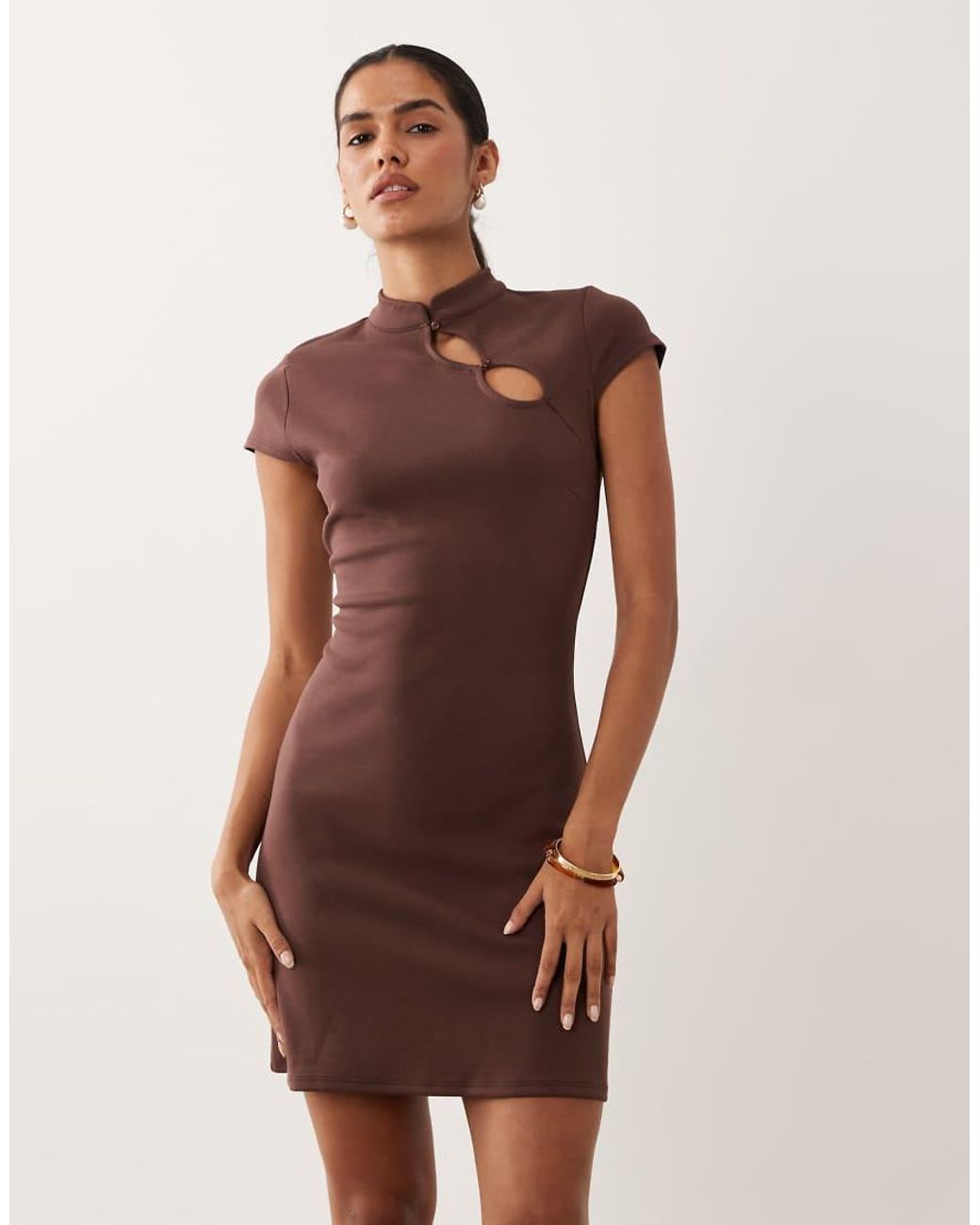 New Look Brown Mandarin Collar Keyhole Mini Dress