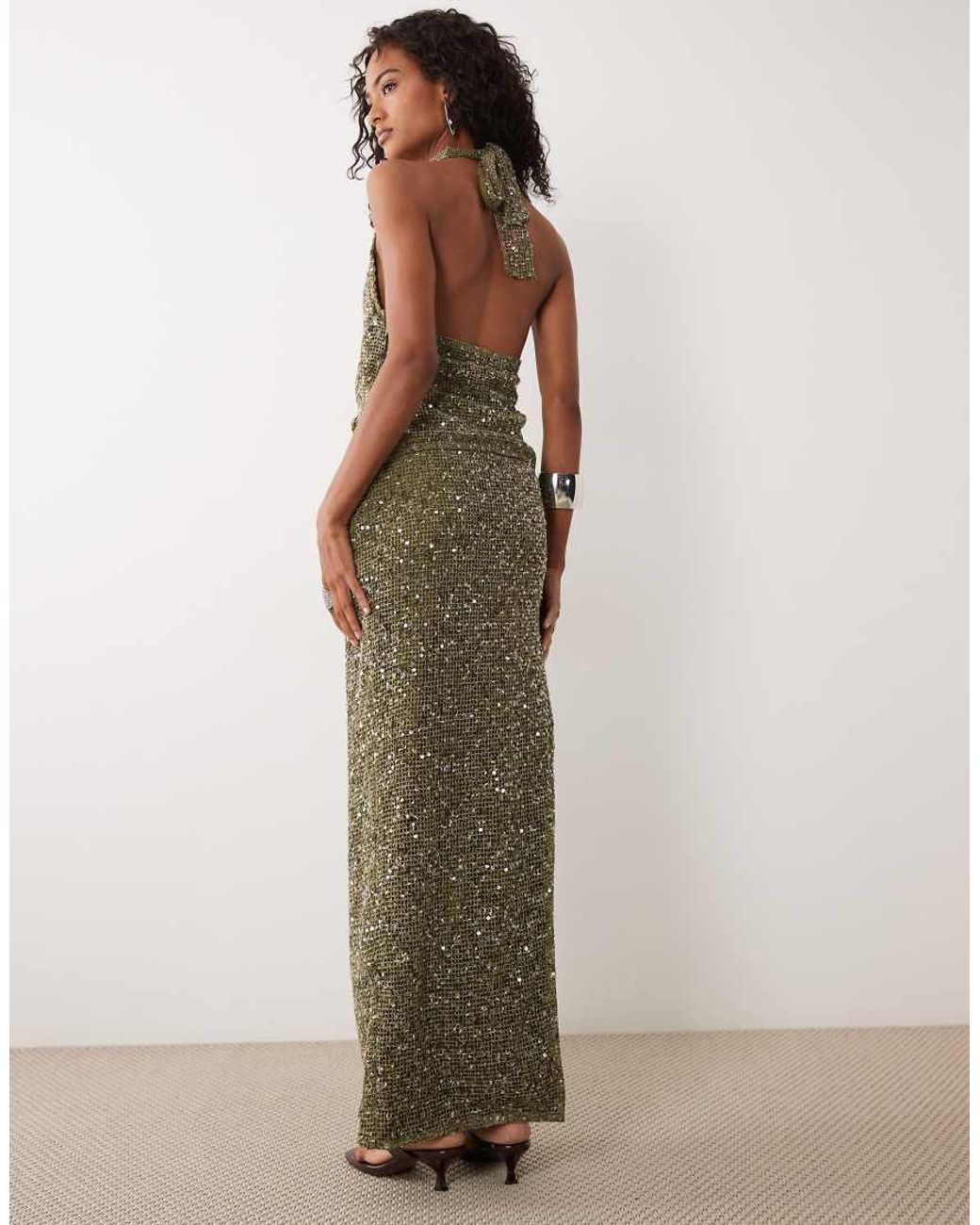 Murci Green Halterneck Plunge Drape Knot Detail Knit Sequin Maxi Dress