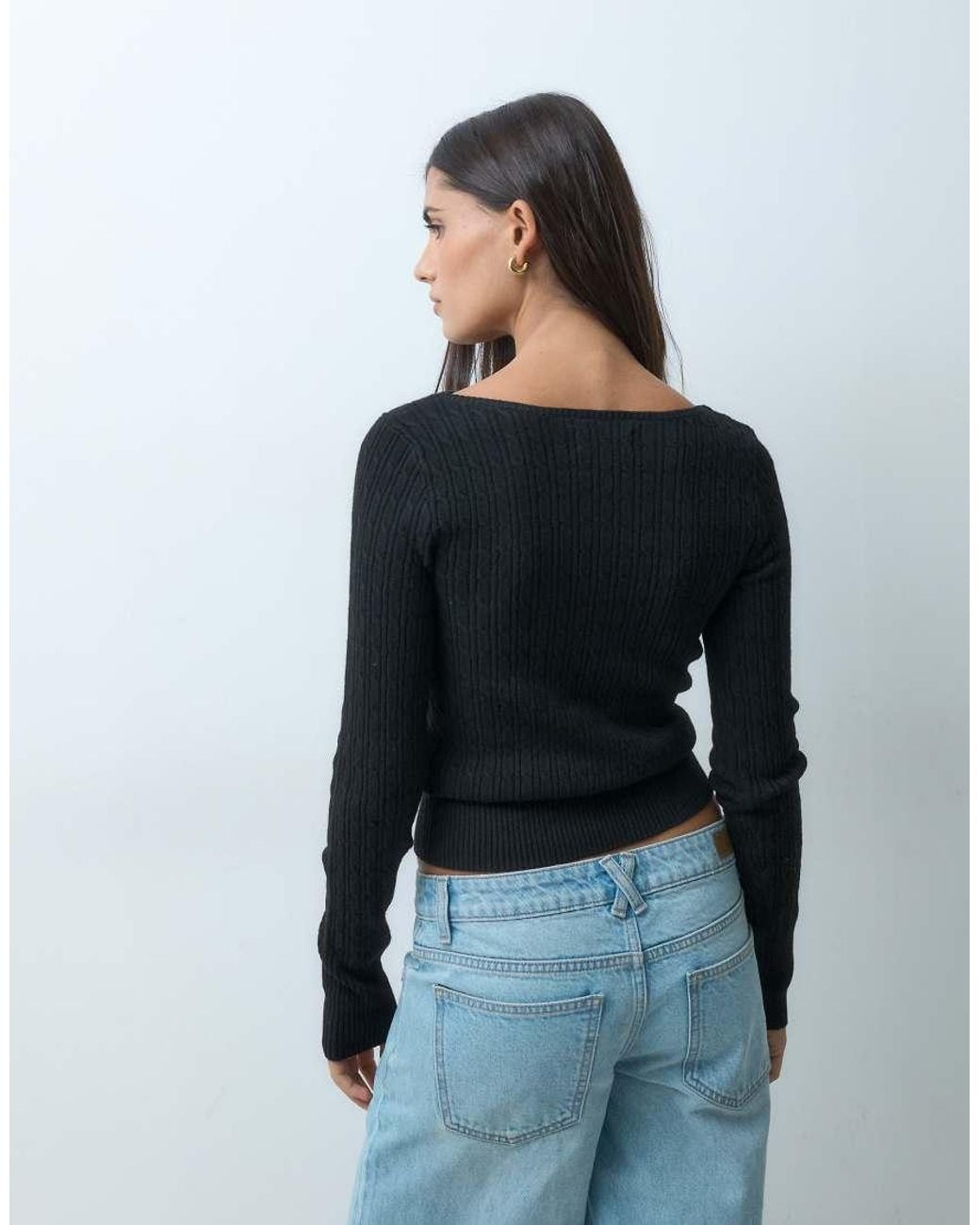 Hollister Blue Fitted Cable Knit Slash Neck Jumper