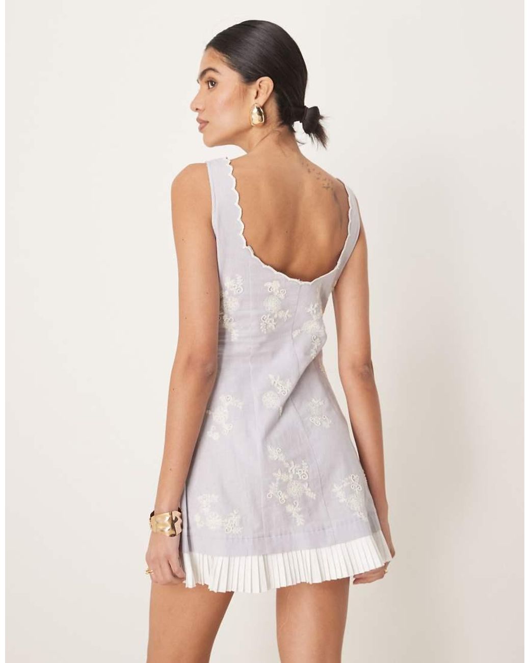 ASOS Purple Scalloped Button Down Mini Dress With Pleated Hem And Floral Embroidery
