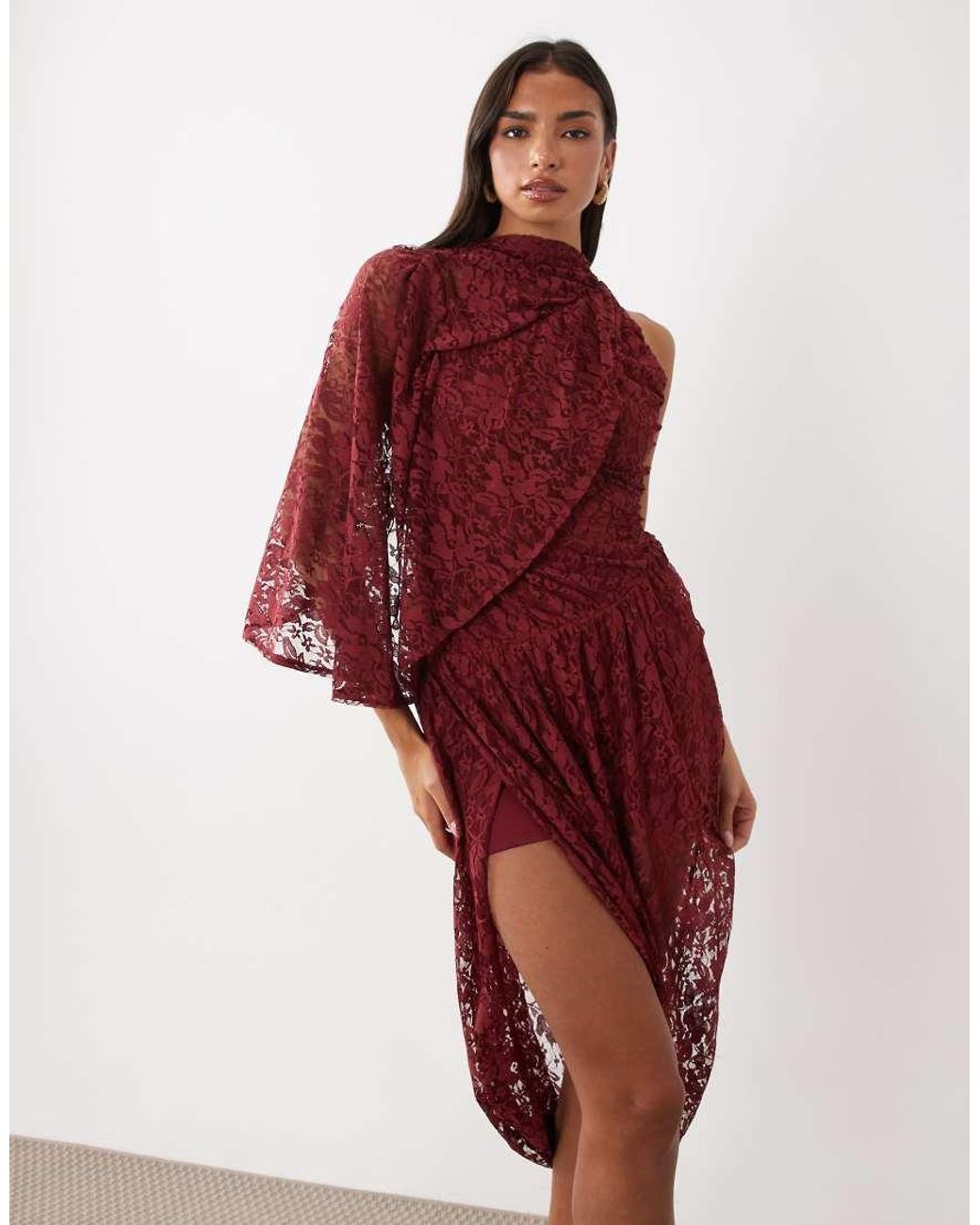 ASOS Red Floral Lace Midi Dress With Asymmetric Cape Sleeve
