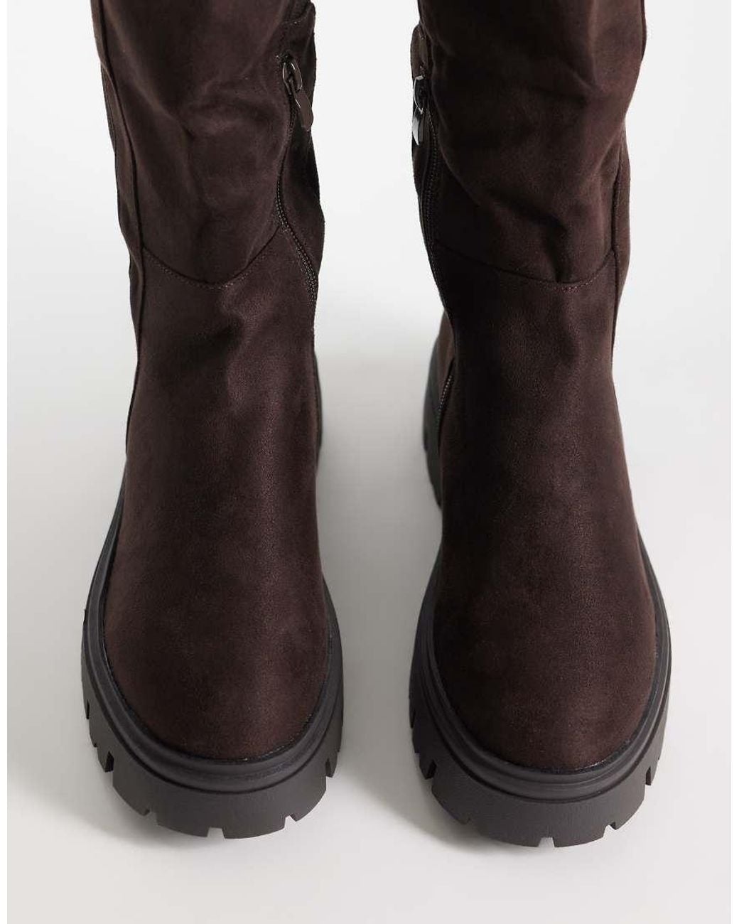 SEQWL Wide Fit Brown Twirl Faux Suede Chunky Knee Boots