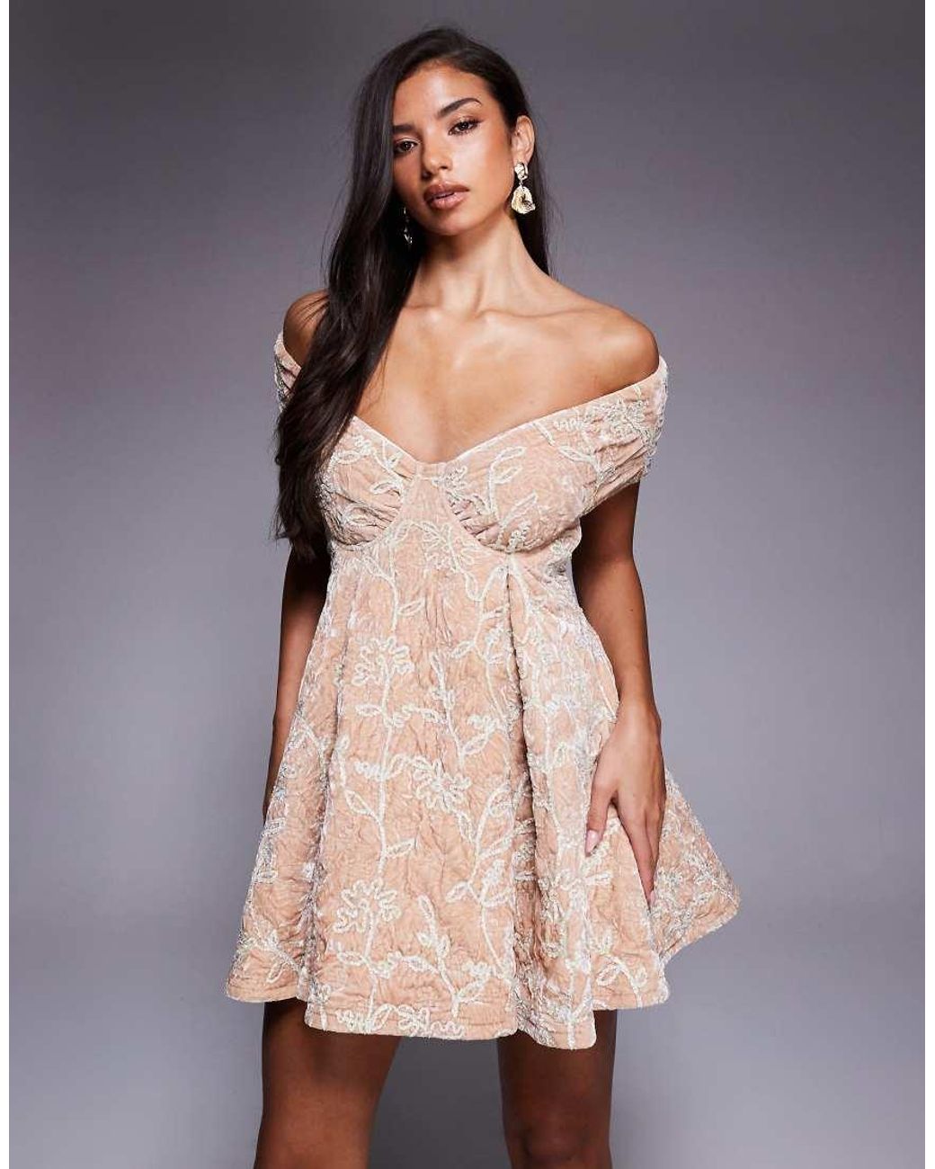 ASOS Natural Flower Embellished Velvet Mini Dress