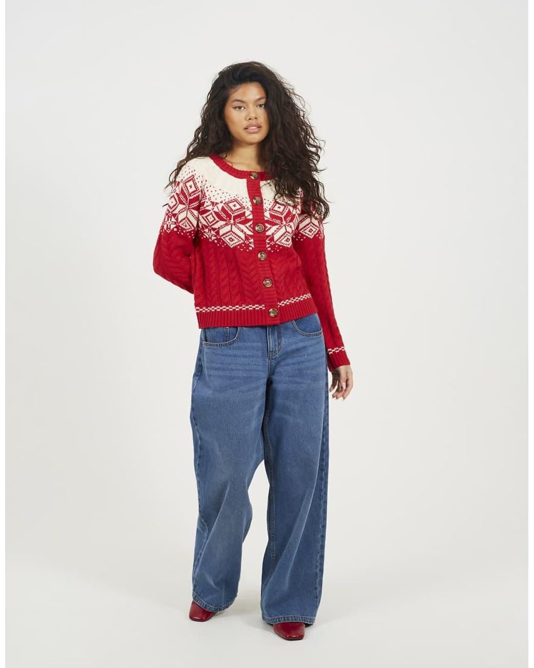 Brave Soul Red Snowflake Fairisle Christmas Cardigan