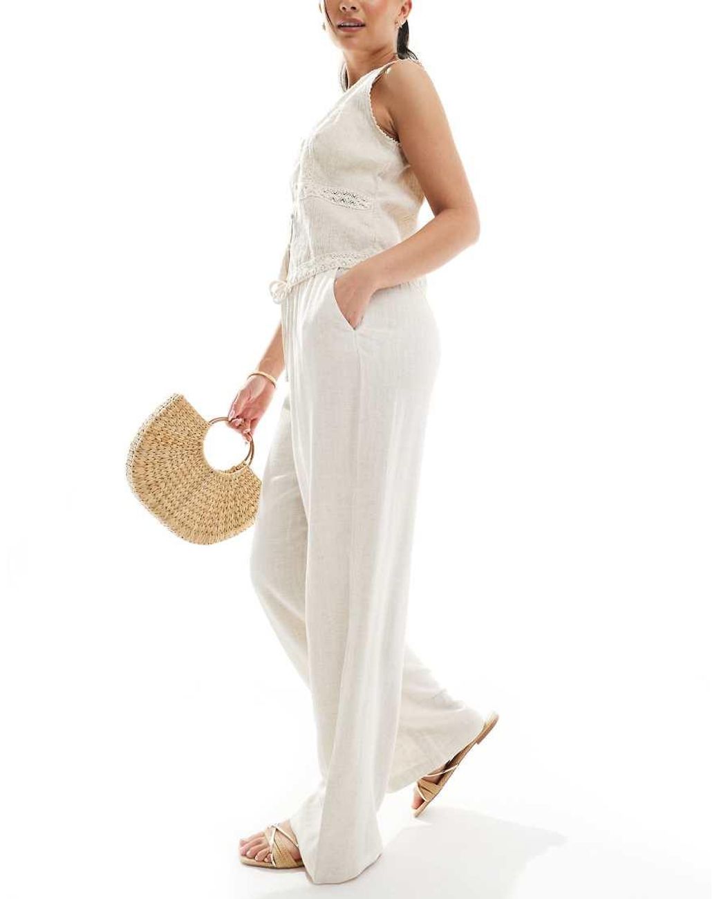ONLY White Pull Up Linen Trousers Co-ord
