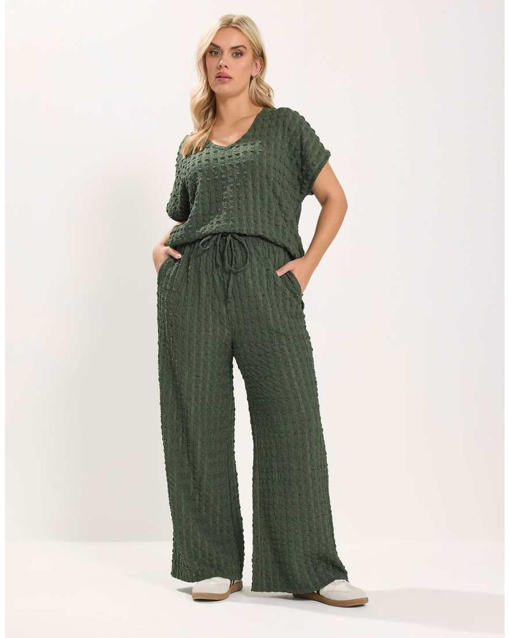 Yours Clothing Green Bubble Textured Wide Leg Trousers