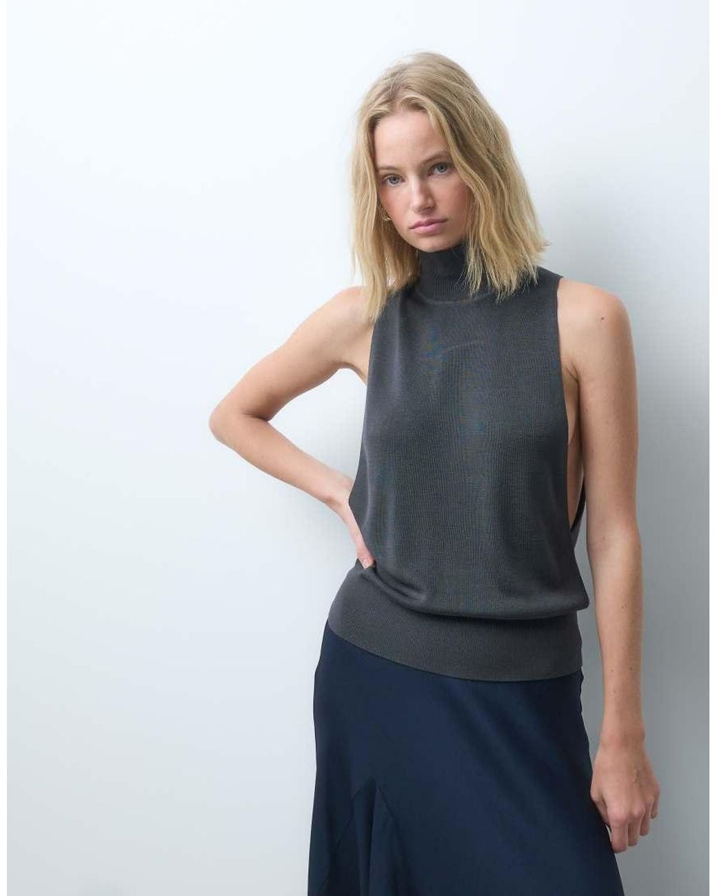 & Other Stories Blue Kniited High Neck Top With Drop Arm Hole