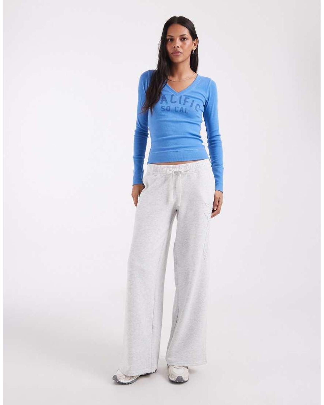 Hollister Blue Long Sleeve V Neck Graphic Top