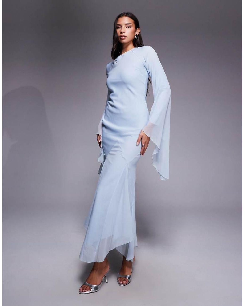 ASOS Blue Extreme Ruffle Sleeve Maxi Dress With Godet Insert Skirt