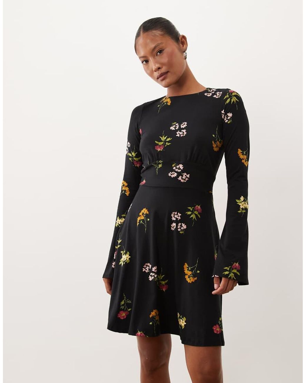 Nobody's Child Petite Black Stretch Slash Neck Fluted Sleeve Mini Skater Dress