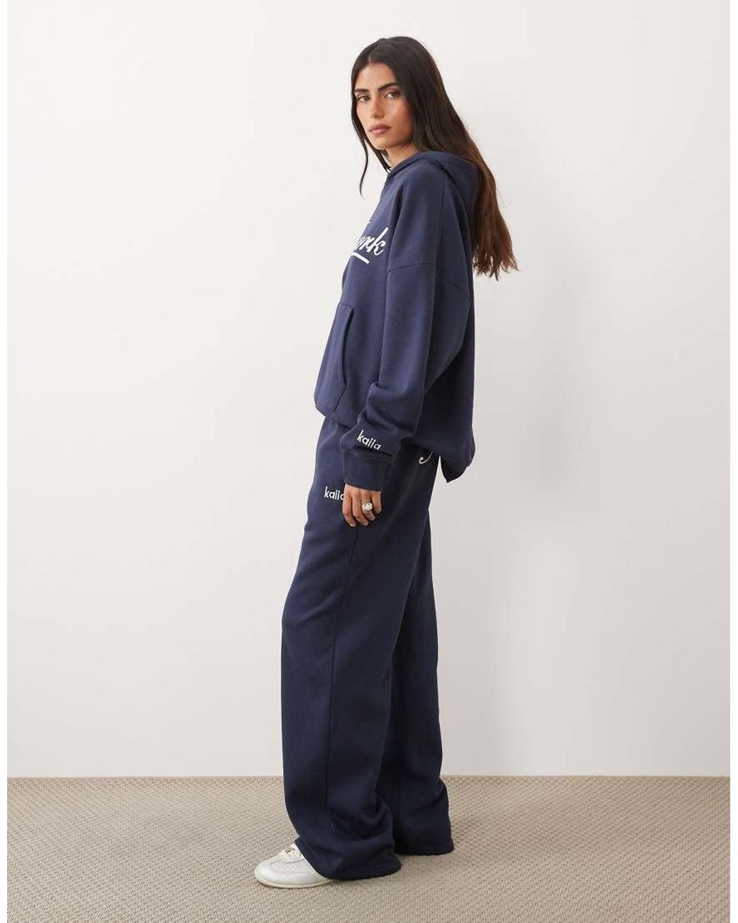 Kaiia Blue Cotton Rich Embroidered New York Script Logo Wide Leg Sweatpants