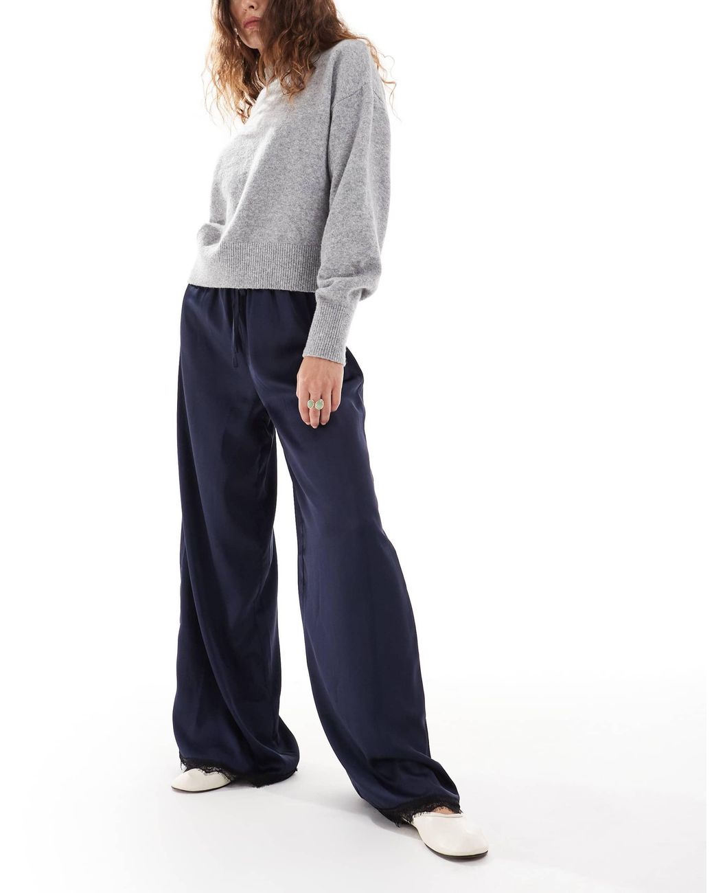 Wednesday's Girl Blue Tie Waist Satin Wide Leg Laced Trousers