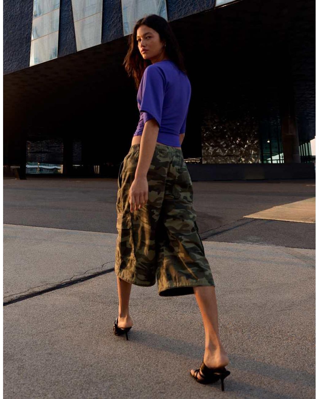 Bershka Natural Printed Cargo Bermuda Shorts