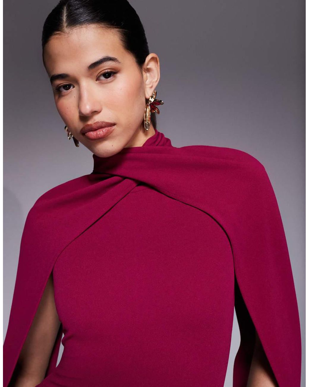 Ruched & Ready Red Crossover High Neck Open Cape Sleeve Mini Dress