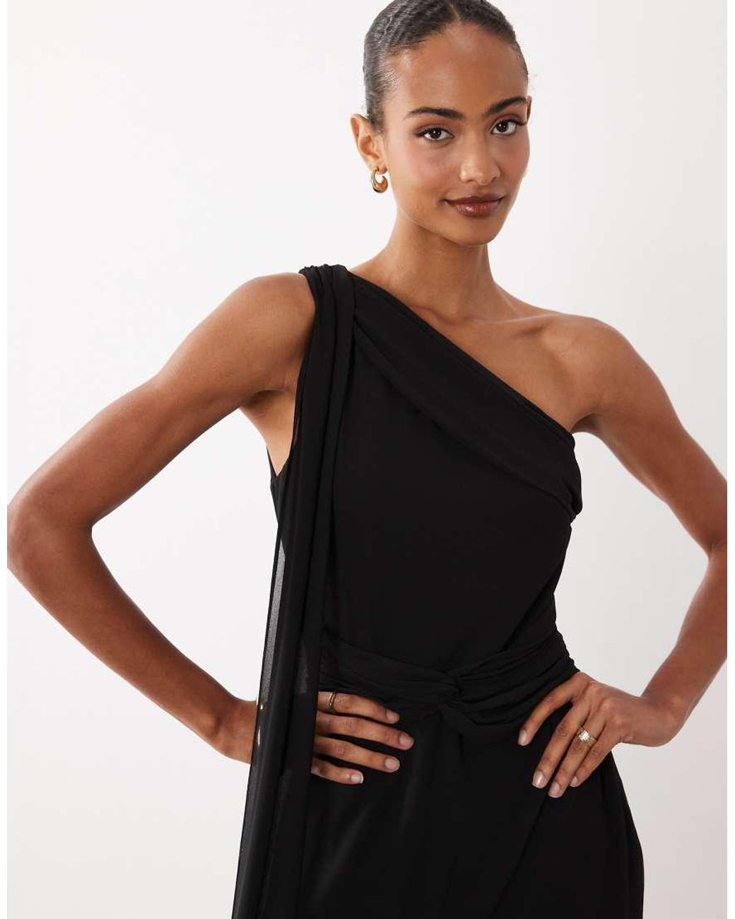 TFNC London White Chiffon One Shoulder Twist Waist Draped Maxi Dress