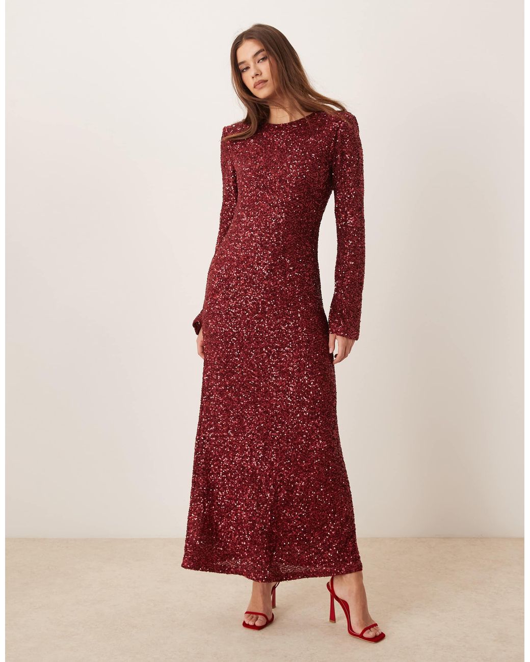 knee length dresses for ladies Sequin Long Sleeve Off Shoulder Mermaid Maxi Dress - Red