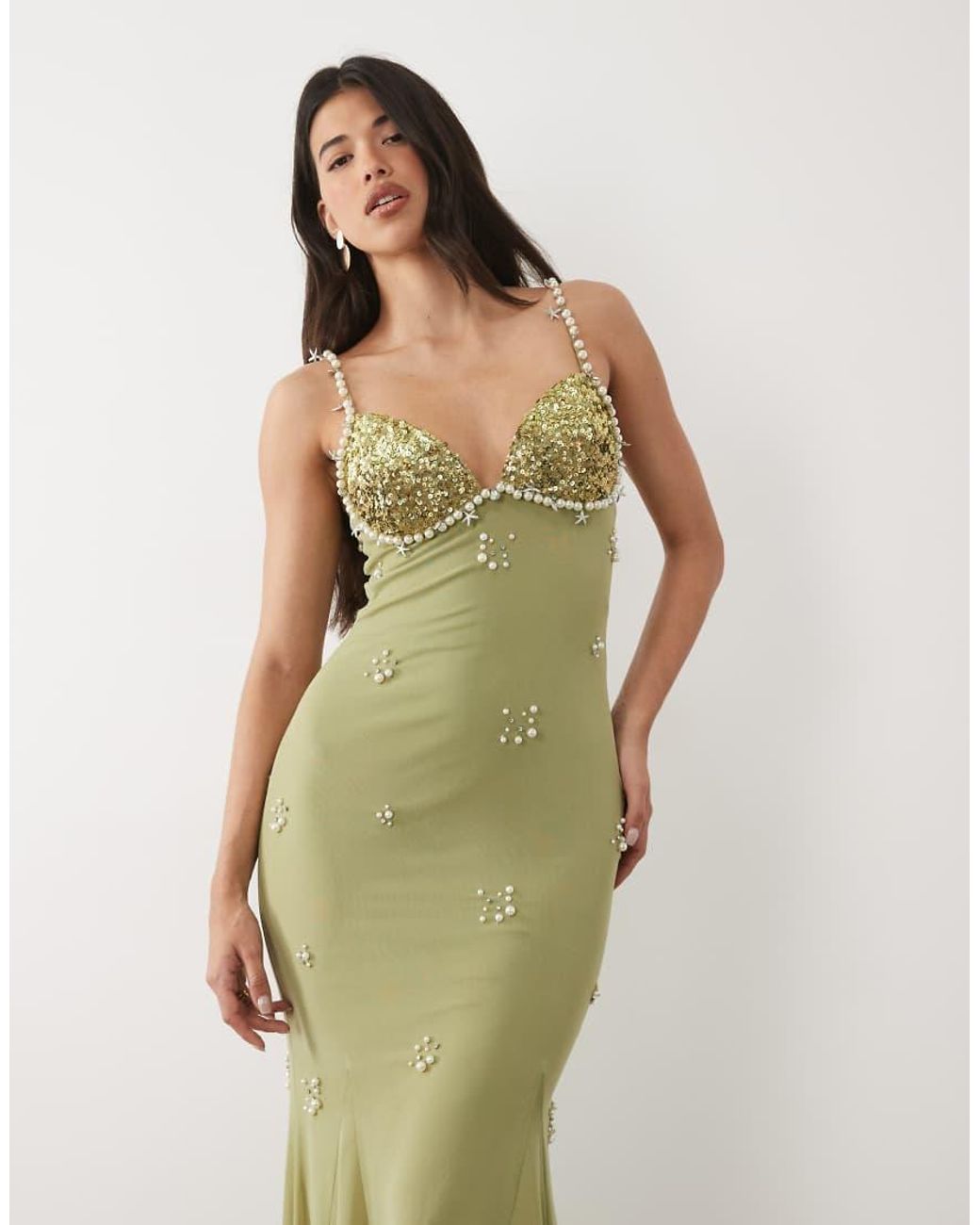 ASOS Green Pearl Encrusted Mesh Cami Dress