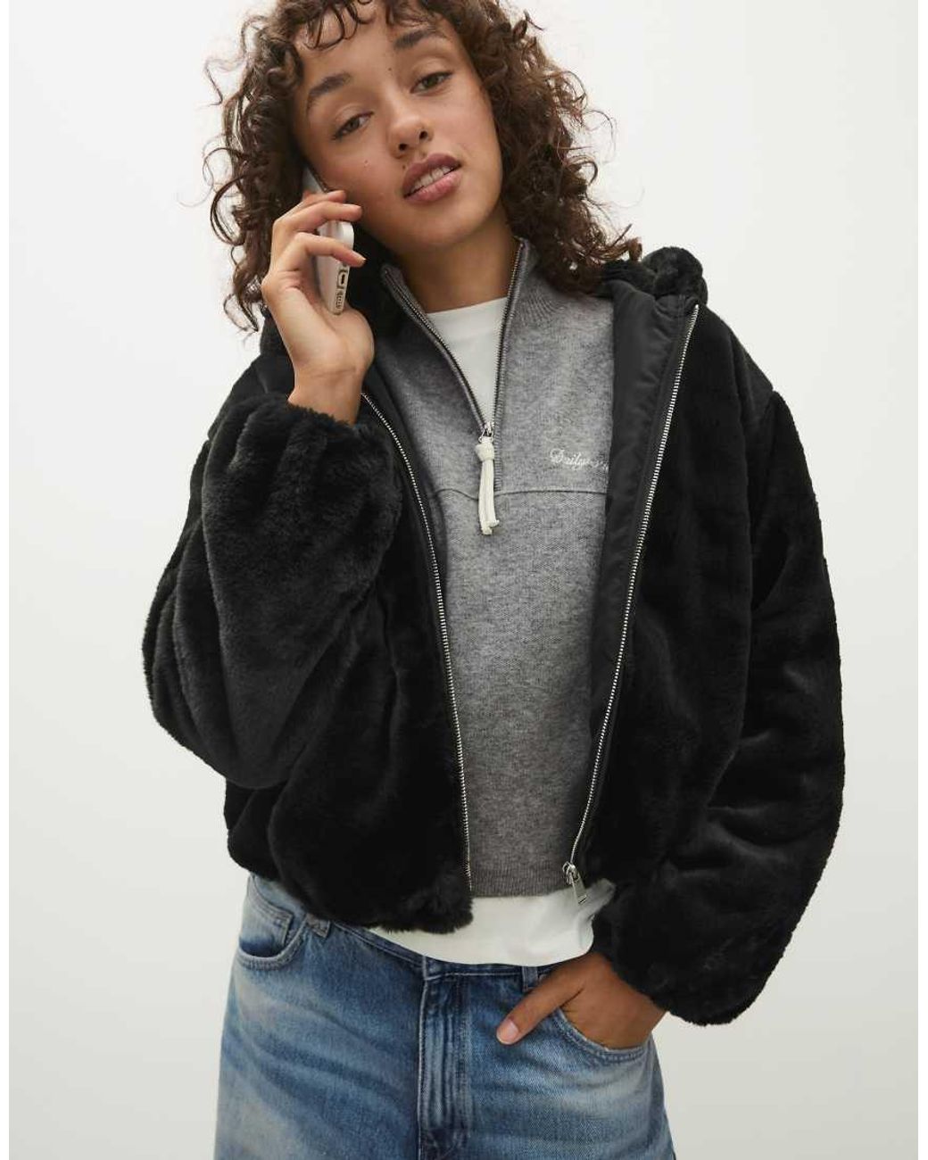 Bershka Blue Hooded Jacket With Fur