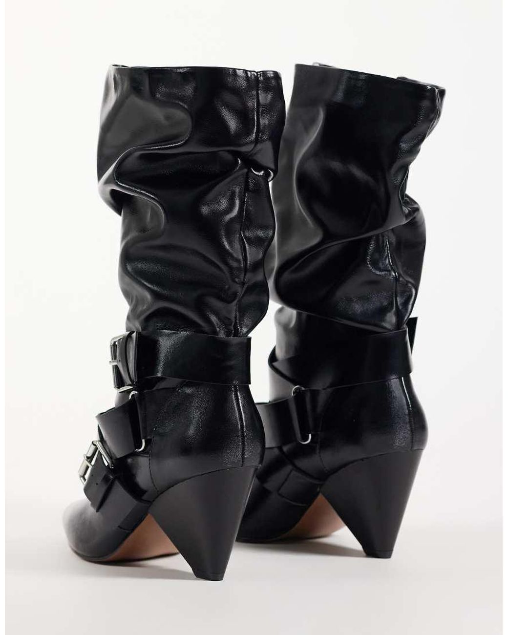 ASOS Black Cade Buckle Detail Heeled Slouch Boots