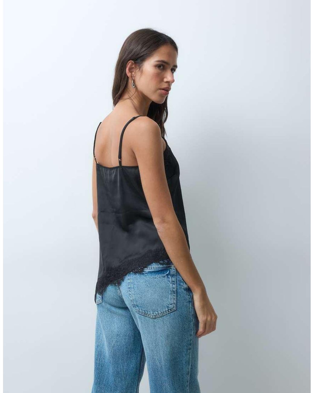 New Look Blue Longline Asymmetric Lace Trim Satin Cami Top